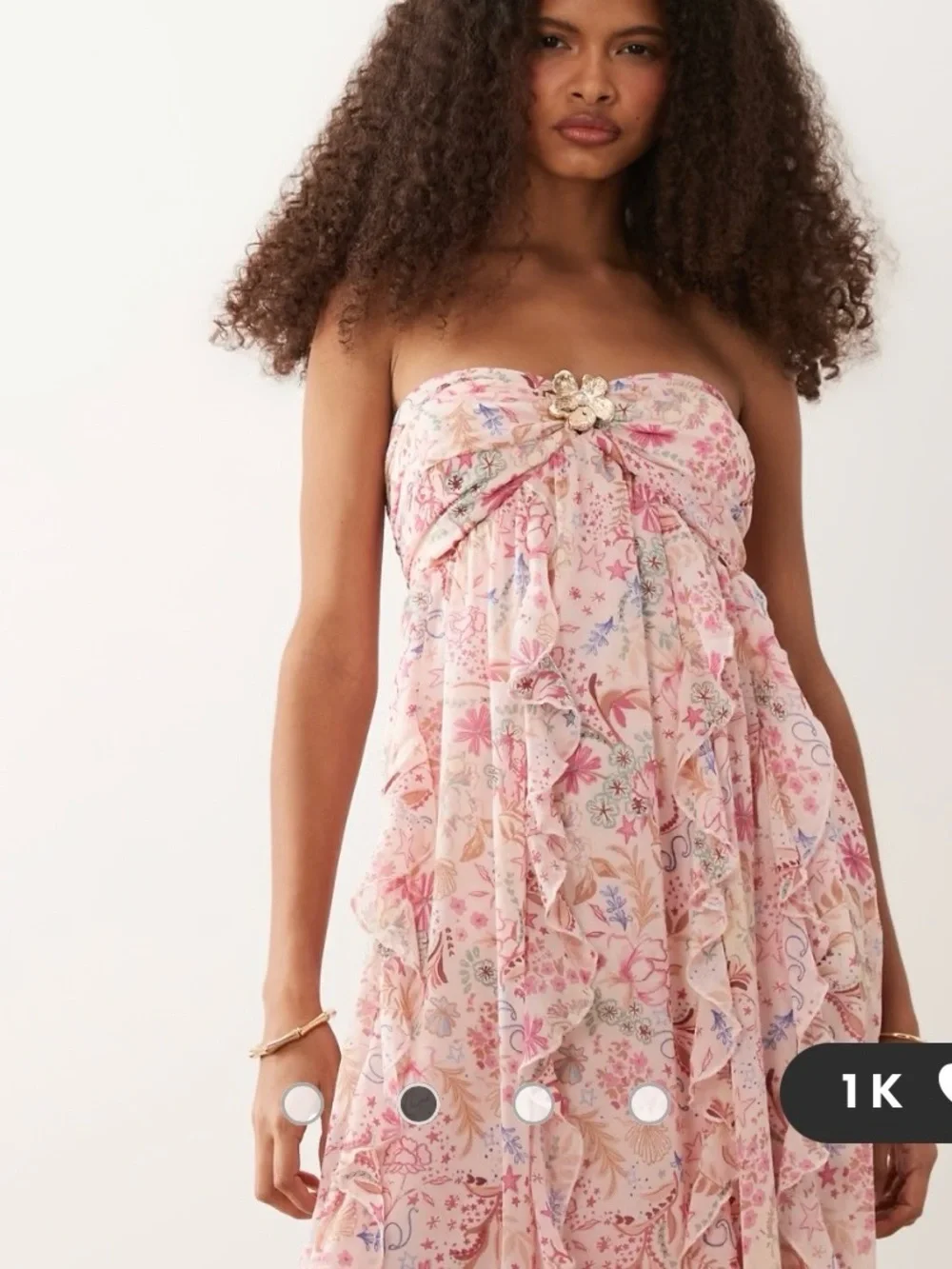 Strapless Pink Floral Ruffle hardware maxi  Dress -  Floral Print